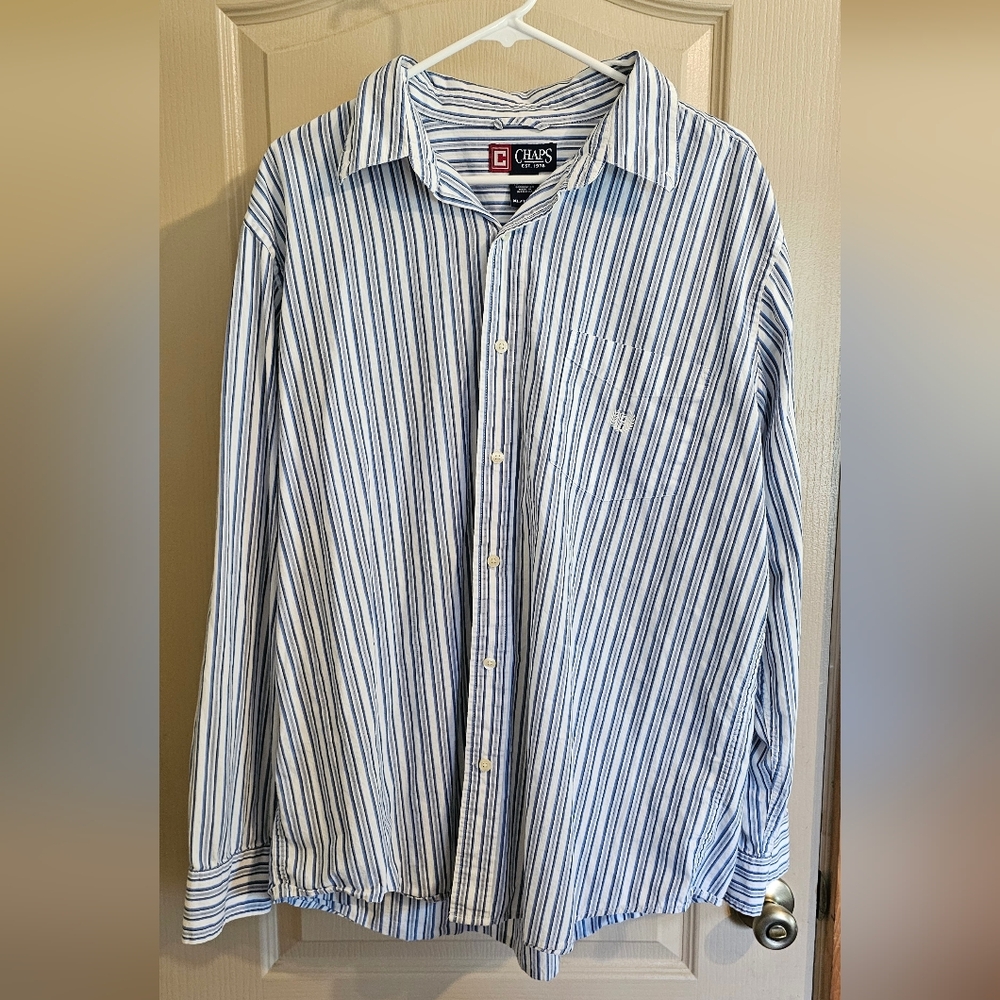 Chaps Ralph Lauren Blue & White Striped Button Up Long Sleeve Shirt 100% Cotton